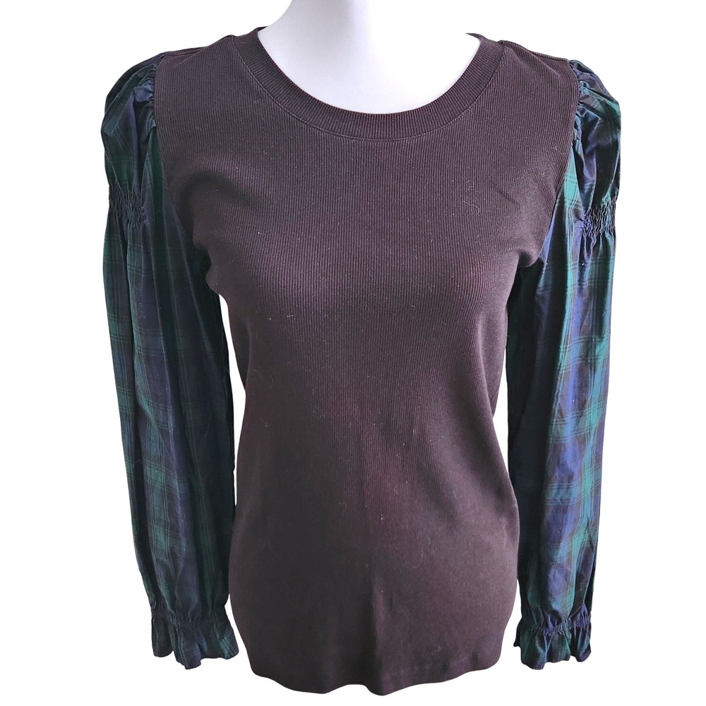 LOFT Black Ribbed Knit Top with Green Tartan Plaid Long Sleeves‎  Medium
